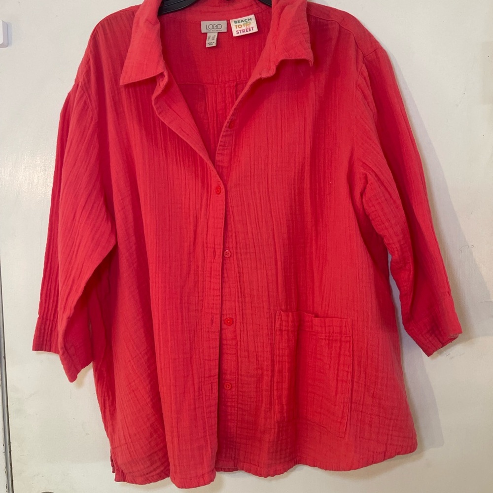 LOGO by Lori Goldstein Vibrant Coral Shirt Gauzy